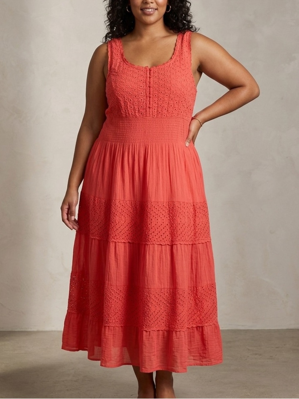 Fiori Cotton Sleeveless Coral Eyelet Maxi Dress Plus SIze 1X XL